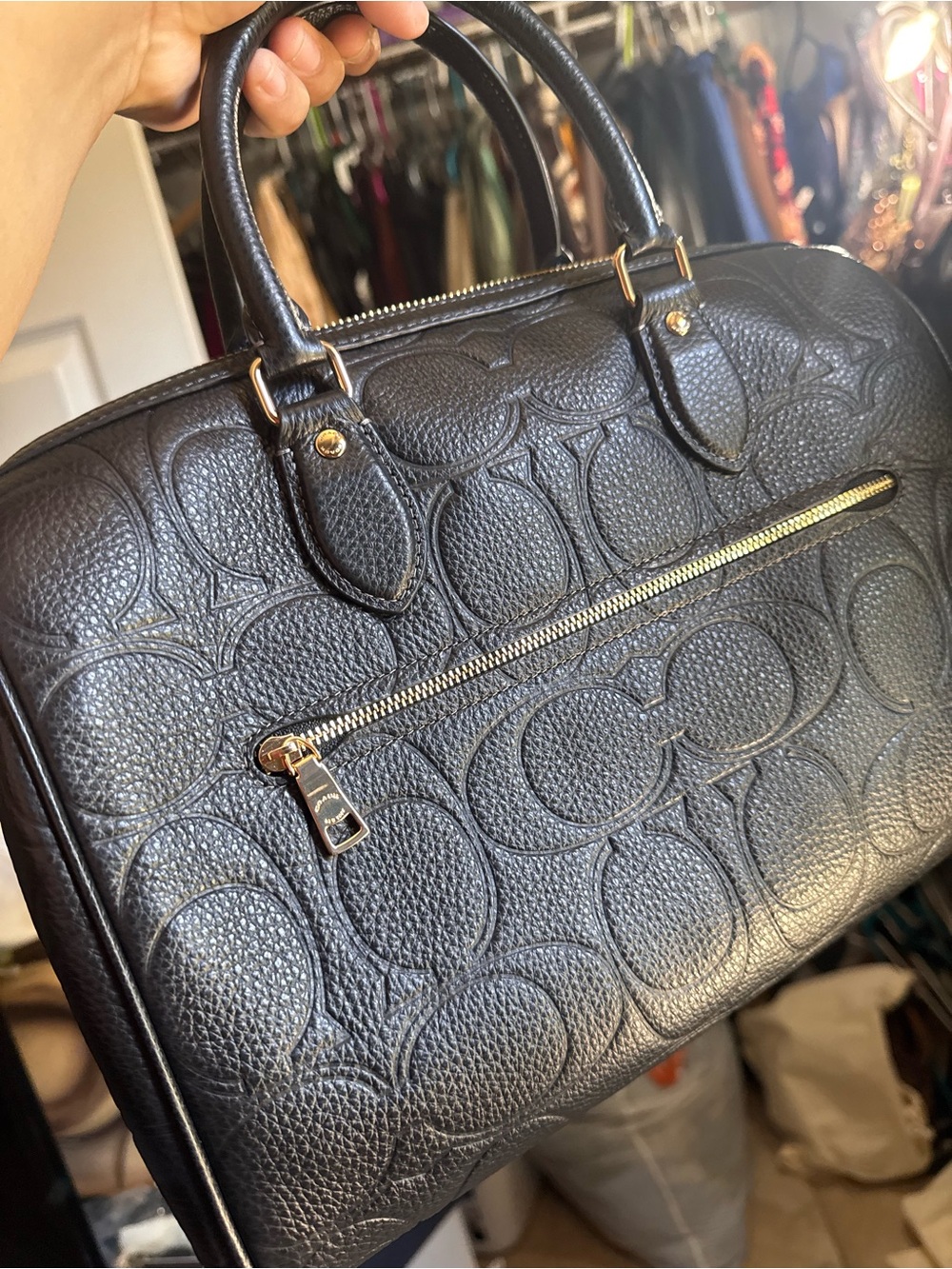 COACH Black Embossed Signature Pebbled Leather Satchel large Rowan - Picture 2 of 4